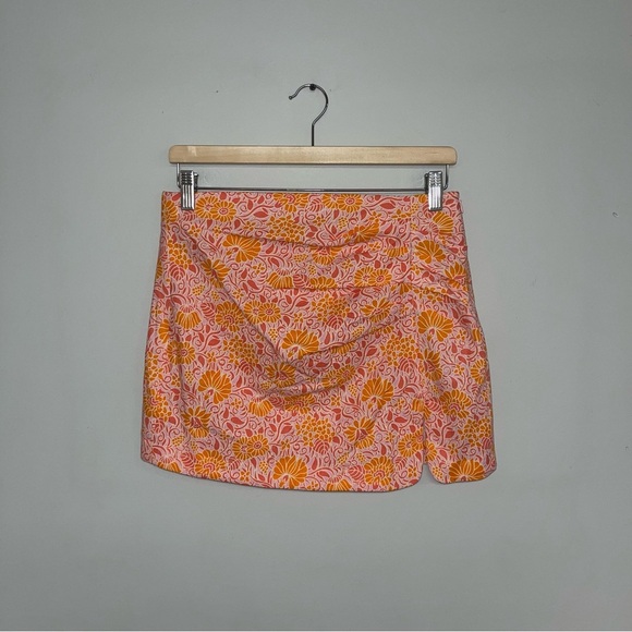Zara Mini Skirt Women’s Size Medium Pink Orange Floral Linen High Waist Boho NWT - Picture 2 of 14